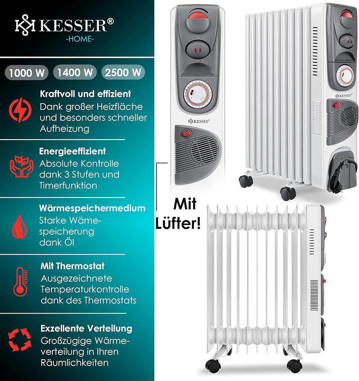 KESSER® Ölradiator Elektrische Heizung mit 11 Rippen 2500W + Lüfter Öl Radiator Elektroheizung Mobil