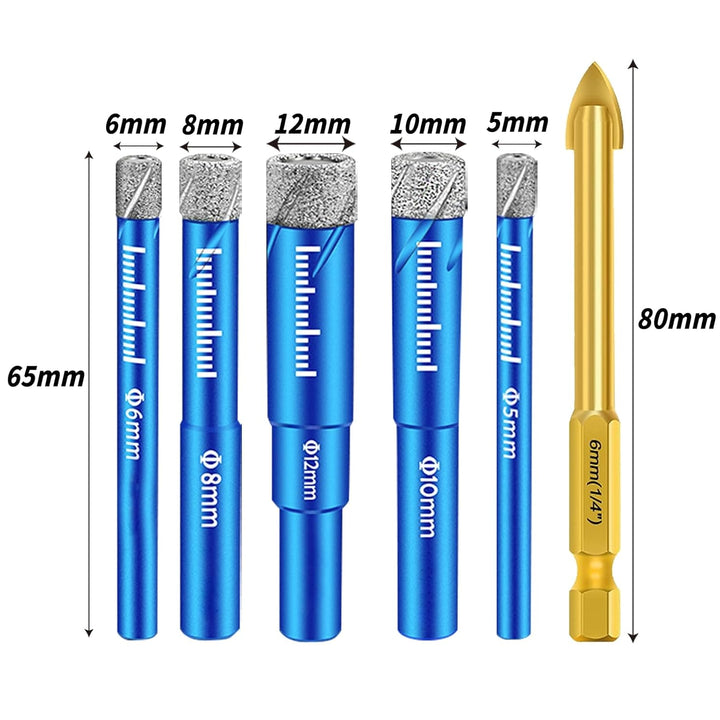 6tlg Diamantbohrer Fliesenbohrer Set 5, 6, 8, 10, 12 mm & Karbid Anbohrer 6mm Glasbohrer für Keramik