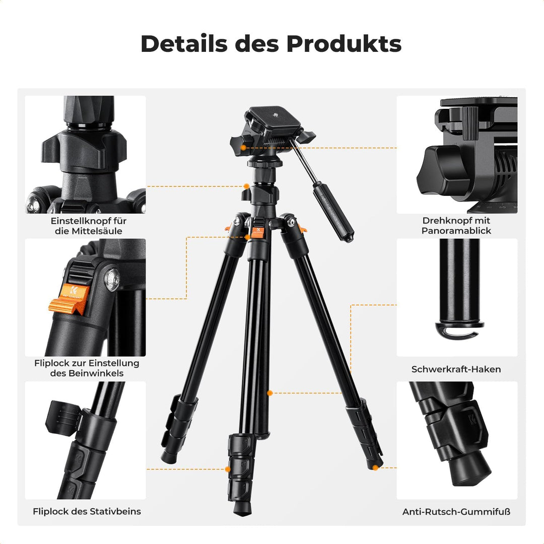 K&F CONCEPT 196cm Kamera Stativ,Videostativ, Neues Leichtes Reisestativ, Tripod mit 3-Wege-Kopf, Alu