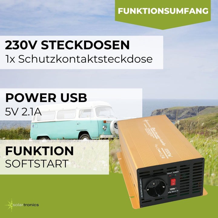 Wechselrichter - Spannungswandler 12V 300 bis 3000 Watt reiner SINUS mit echtem Power USB 2.1A Gold