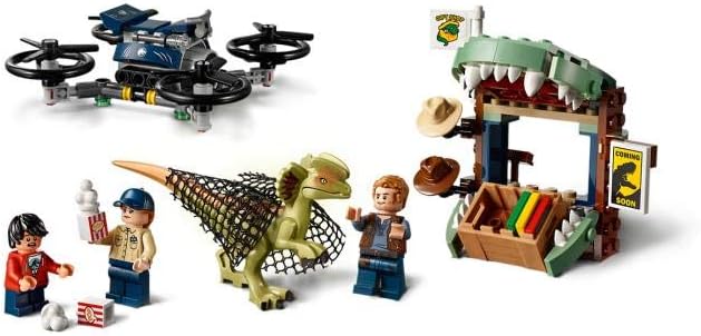 LEGO 75934 Jurassic World Dilophosaurus auf der Flucht Set mit 3 Minifiguren, Drohne und Dinosaurier
