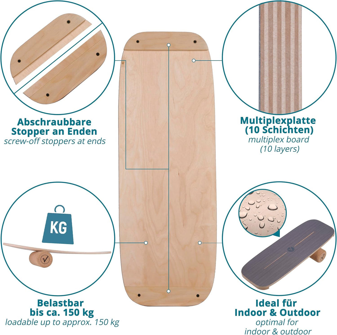 Balance Board aus Holz in – mit abgerundeten Ecken – inkl. Rolle für Neuromuscular Response Training