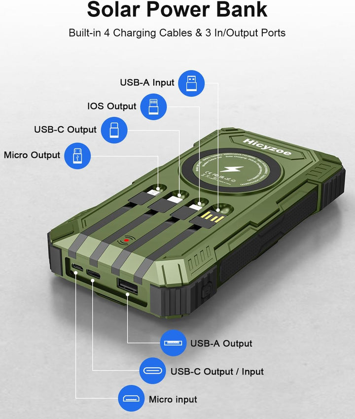 Solar Powerbank, 26800 mAh Tragbares Ladegerät mit 4 Integrierten Kabeln, Solar-Akkuladegerät mit US