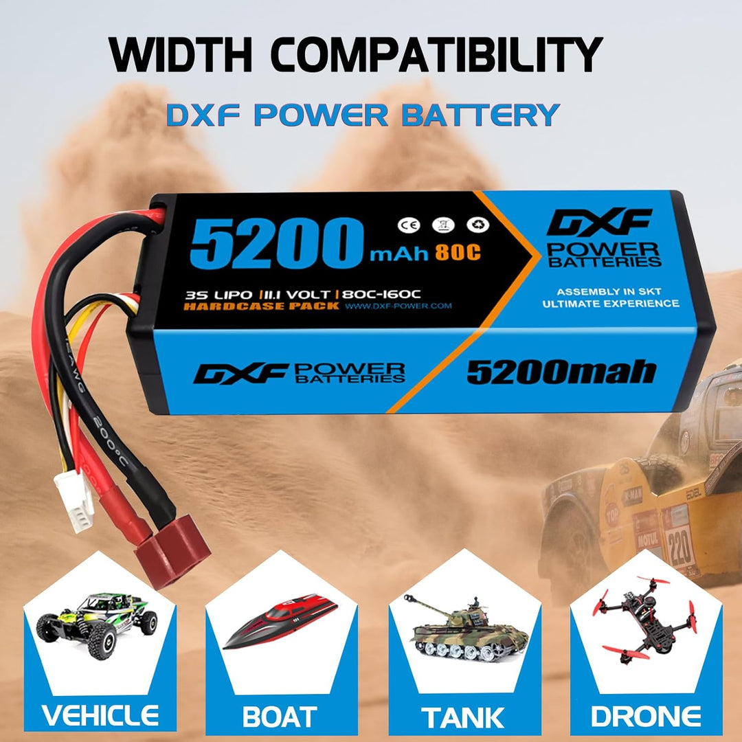 DXF 3S LiPo Akku 11.1V 80C 5200mAh Hardcase Batterie mit T Steck für RC Auto, RC Flugzeug, RC Hubsch