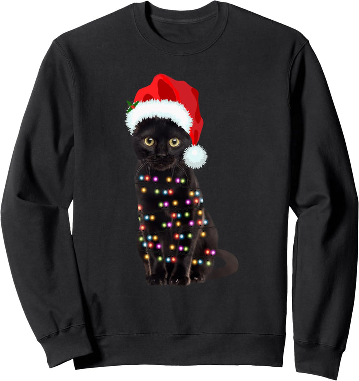 Black Cat Christmas lights Cat Lover Christmas Sweatshirt