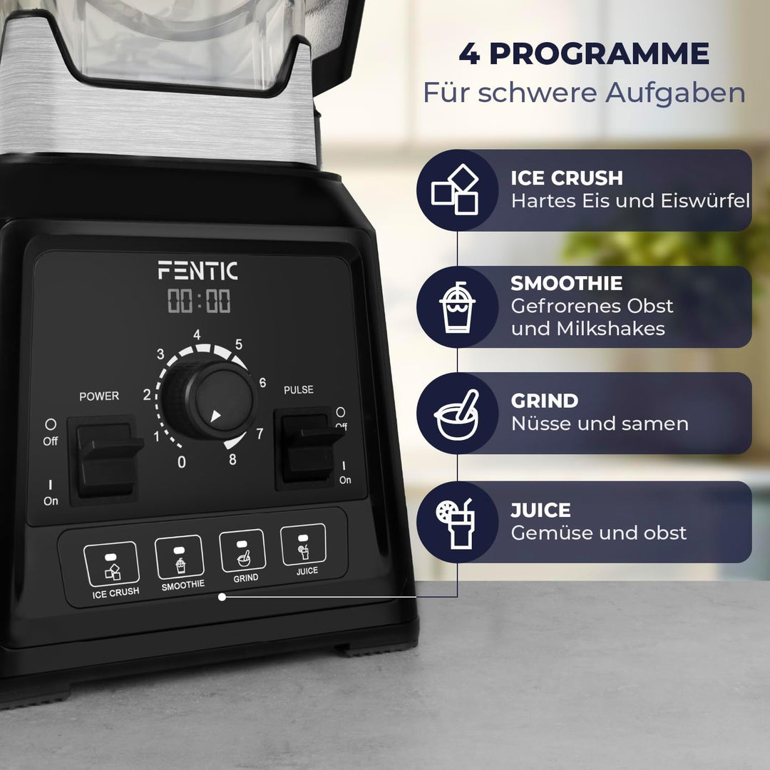 Blender – 2000W - Leistungsstarker Mixer - 2 Liter - Smoothie Maker mit 8 Geschwindigkeiten und 4 Pr