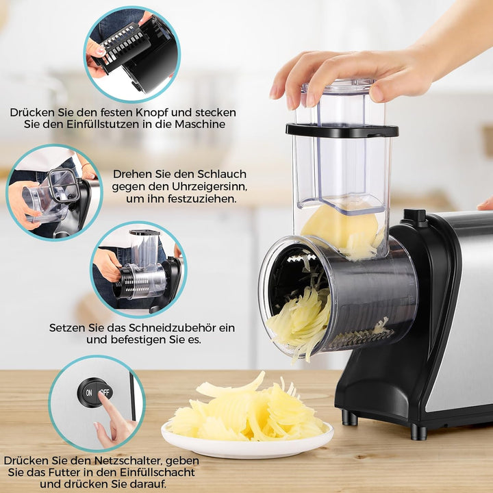 Profi Gemüsehobel Elektrisch 250W, 5-in-1 Edelstahl Gemüseschneider Küchenreibe mit 5 Klingen und Gr