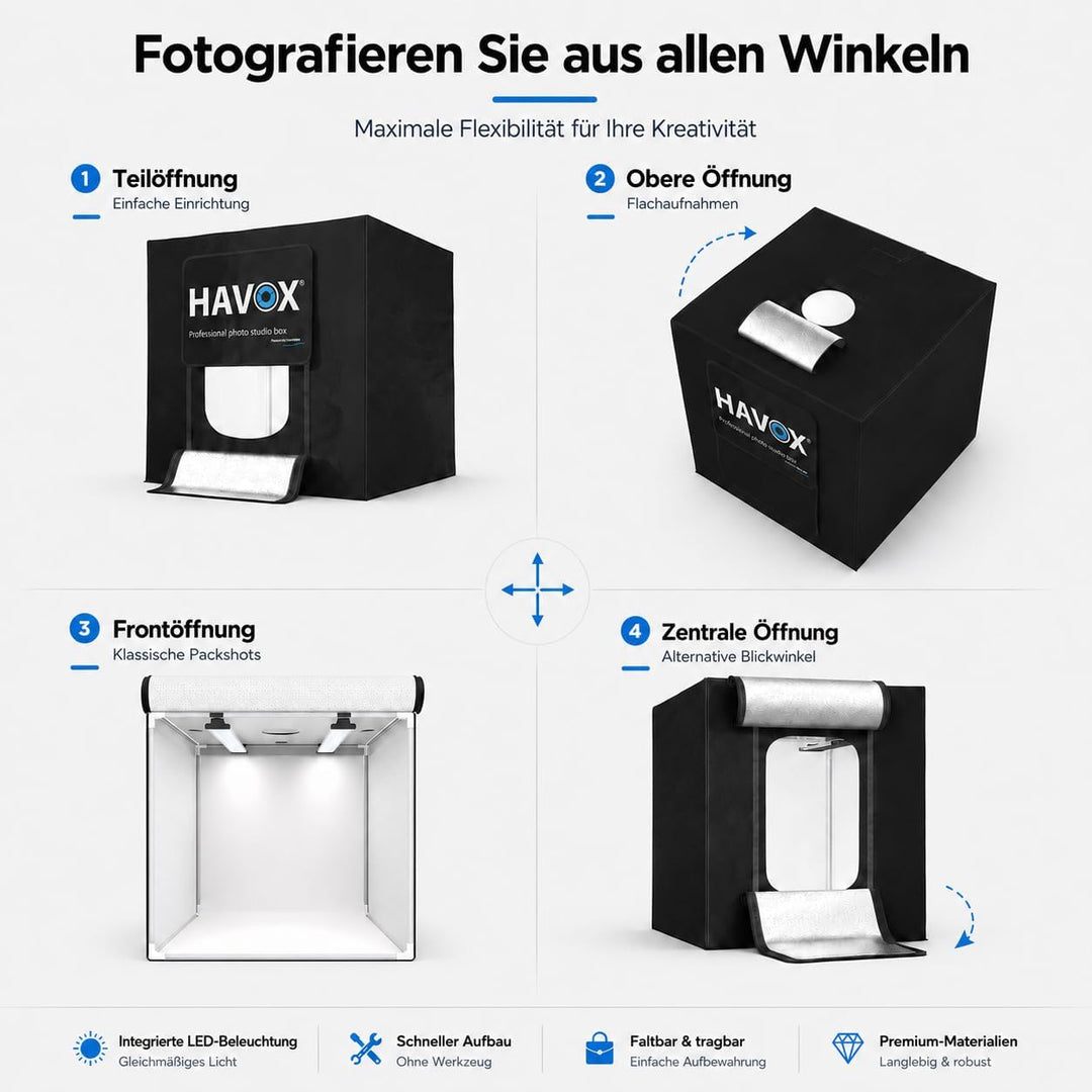HAVOX - Fotostudio HPB-60D - Masse 60x60x60cm - 2X Dimmbare LED-Beleuchtung Tageslicht 5500k - 13,00