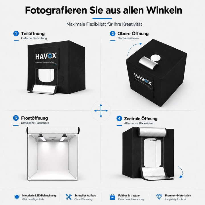 HAVOX - Fotostudio HPB-60D - Masse 60x60x60cm - 2X Dimmbare LED-Beleuchtung Tageslicht 5500k - 13,00