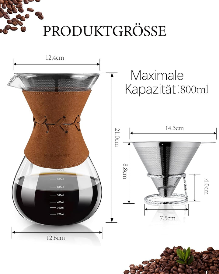 Kaffeebereiter mit Filter aus Edelstahl, 800ml Kaffeekanne für 5-6 Tassen Glas Pour Over Kaffeebrühe