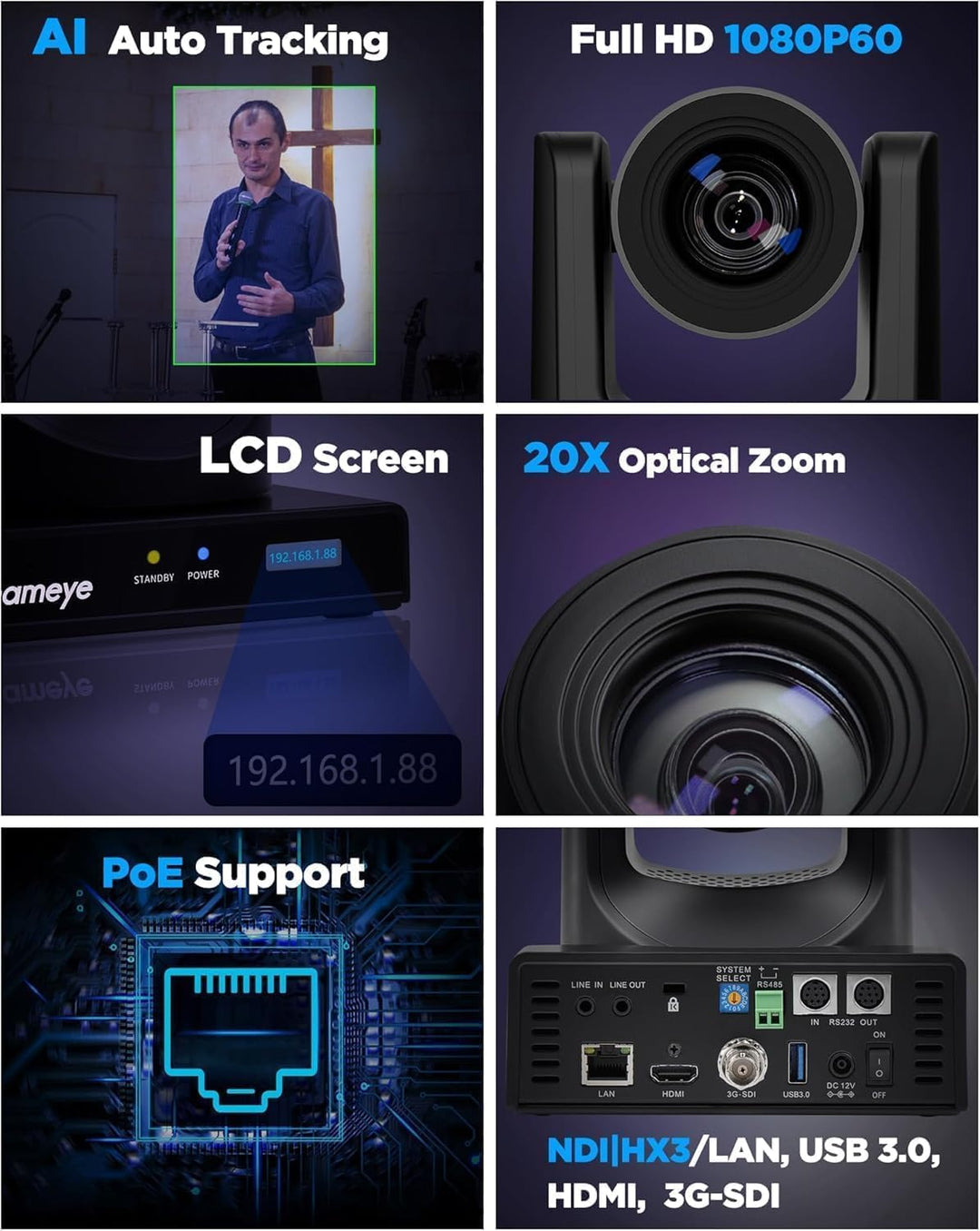 Chameye NDI PTZ Camera 20x Optical Zoom AI Auto Tracking PTZ Camera with LCD Display, 3G-SDI IP 1080