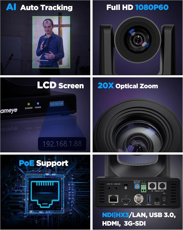 Chameye NDI PTZ Camera 20x Optical Zoom AI Auto Tracking PTZ Camera with LCD Display, 3G-SDI IP 1080