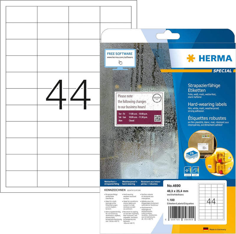 HERMA 4690 Wetterfeste Folienetiketten, 25 Blatt, 48,3 x 25,4 mm, 44 Stück pro A4 Bogen, 1100 Aufkle