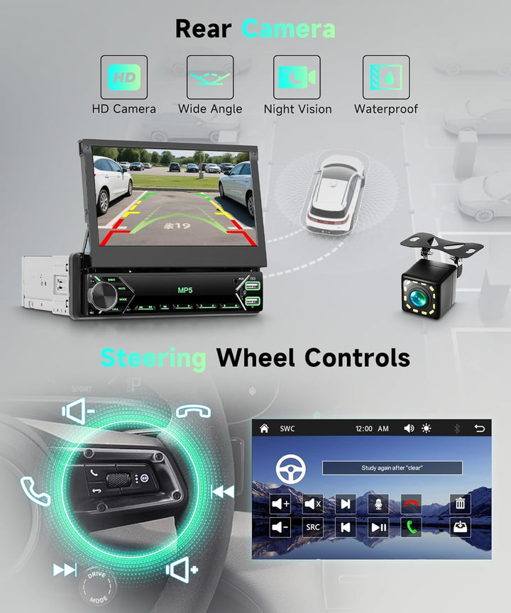 1 DIN Wireless Carplay Autoradio mit 7-Zoll manuell versenkbarem Touchscreen, Single Din Bluetooth R