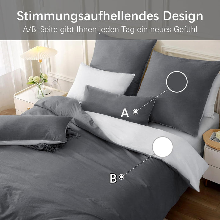 MILDLY Bettwäsche 200x200 Baumwolle, Bettwäsche-Sets Dunkelgrau2 3 Teilig mit Reissverschluss Ähnlic