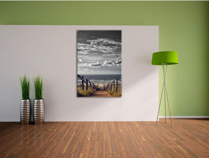 Pixxprint Weg zum Strand am Meer B&W Detail, Format: 100x70 auf Leinwand, 100x70