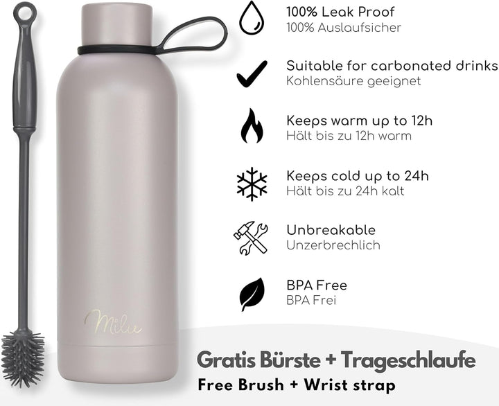 Milu Thermosflasche 500ml Isolierte Edelstahl Thermo Trinkflasche Thermoskanne Auslaufsichere Isolie