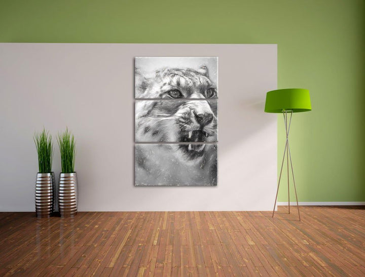 Schneeleopard zeigt Zähne Spezial 3-Teiler Leinwandbild 120x80 Bild auf Leinwand, XXL riesige Bilder