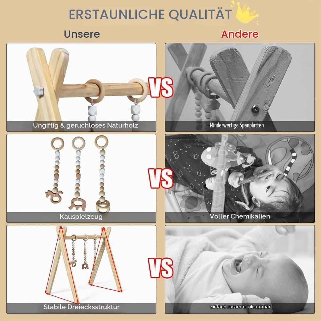 LIFEZEAL Spieltrapez, Spielbogen Baby Holz, Babyspielgerät mit 3 Spielzeugen, Holzspielzeug baby, Ba