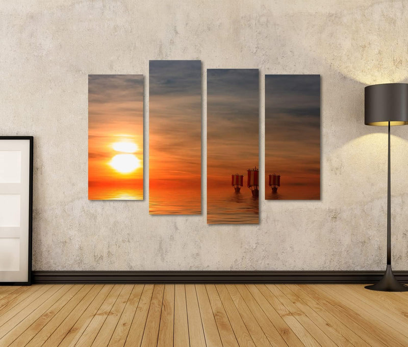 Bild auf Leinwand Wikinger Schiffe Wandbild Poster Kunstdruck Bilder Format: 130x80cm - 4 Teile, For