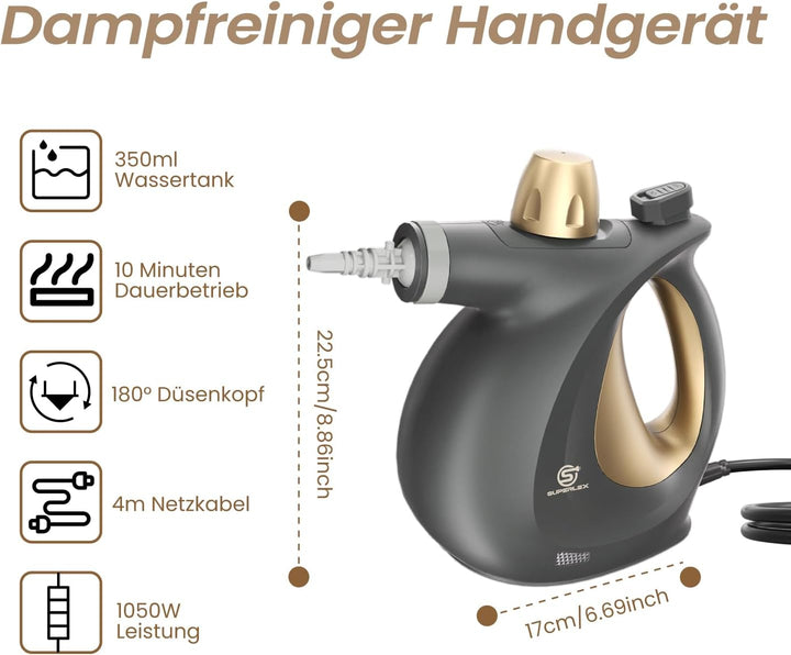 SUPERLEX Dampfreiniger Handgerät 1050W Handdampfreiniger mit 350ML Wassertank 180° Drehbare Düse Hoc