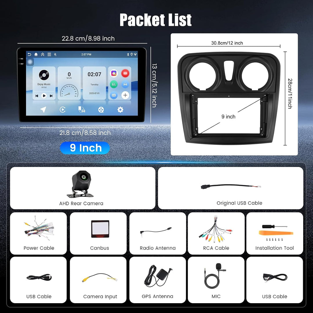 Hikity 4+64G Android 15 Autoradio für Renault Dacia SANDERO II B52 2012-2019, 9" Bildschirm Radio mi