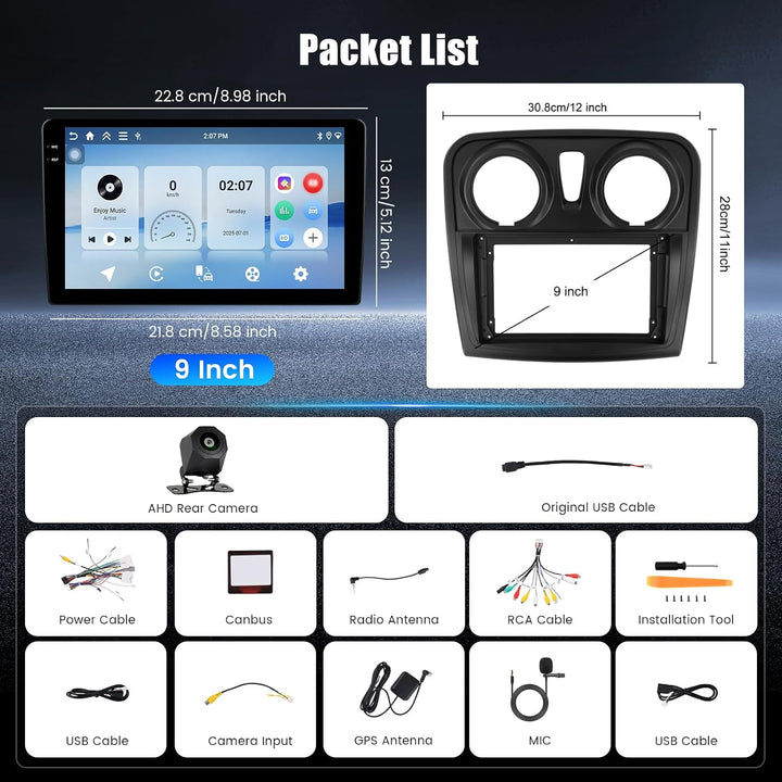 Hikity 4+64G Android 15 Autoradio für Renault Dacia SANDERO II B52 2012-2019, 9" Bildschirm Radio mi