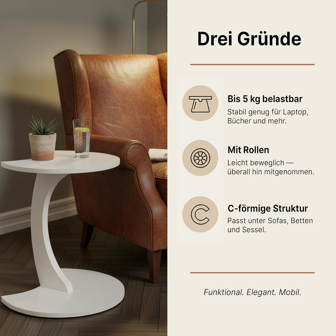Beistelltisch C-Form Mond, Weiss, Sofatisch mit Rollen, Couchtisch Laptoptisch Couch, 56 x 45 x 35 c