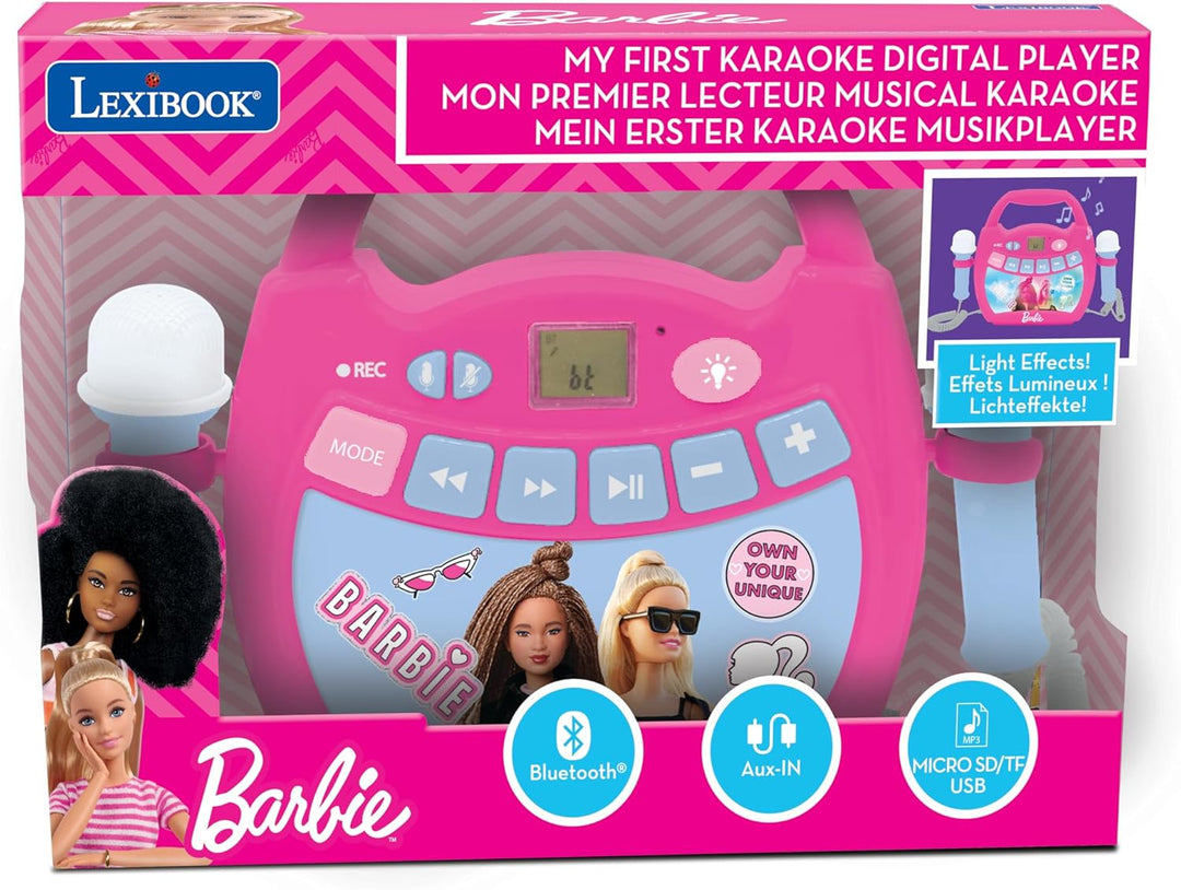 Lexibook, Barbie, Tragbarer digitaler Karaoke-Player für Kinder, Mikrofone, Lichteffekte, Bluetooth,