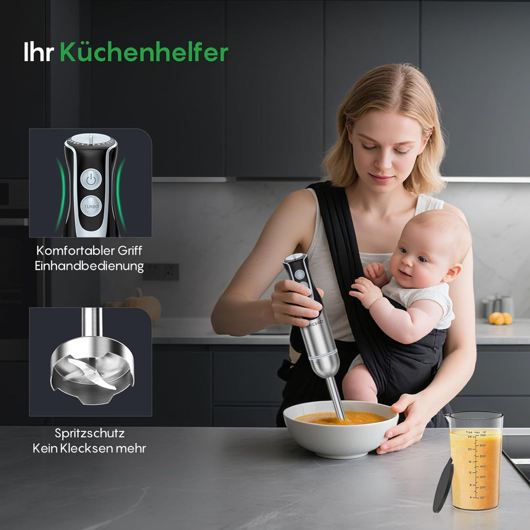 FRESKO Stabmixer, 1000W Edelstahl pürierstab mit 12 Geschwindigkeitsstufen, TURBO-Taste, 700ml Beche