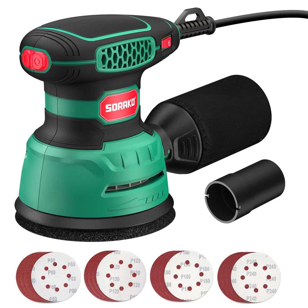 SORAKO Exzenterschleifer 350W 125MM,6 Geschwindigkeiten,16 Schleifpapiere, Staubsammlung Schnellbrem