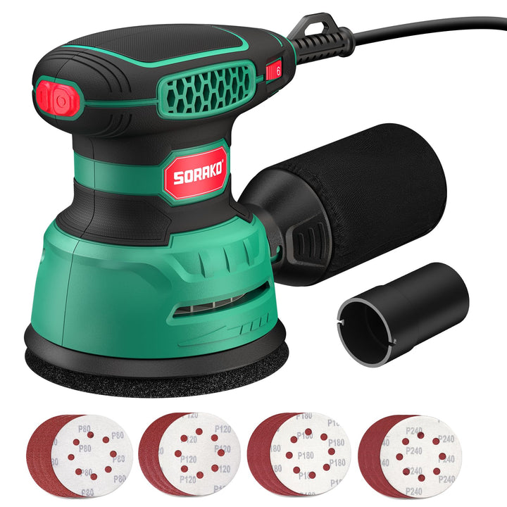 SORAKO Exzenterschleifer 350W 125MM,6 Geschwindigkeiten,16 Schleifpapiere, Staubsammlung Schnellbrem