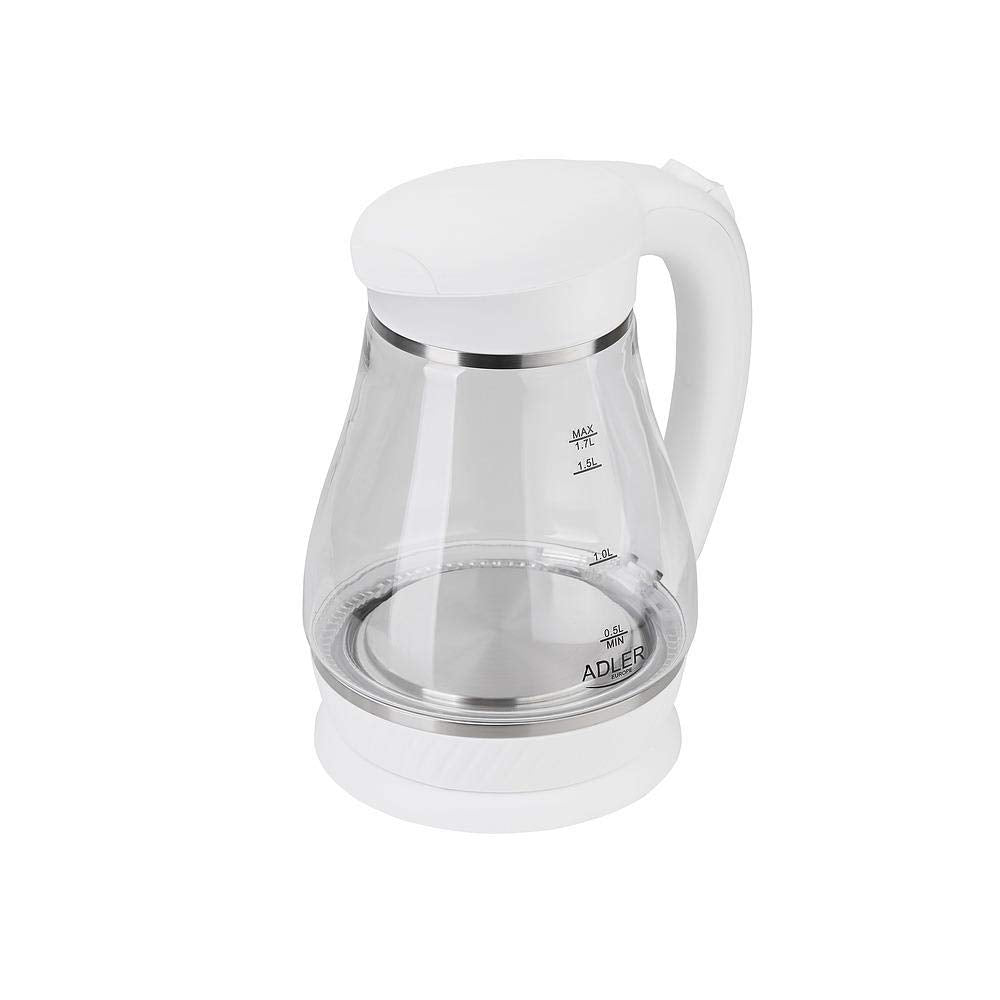 ADLER-Glas-Wasserkocher 1,7 l, kabellose Basis, 2200 W Leistung, weisser Single, Single