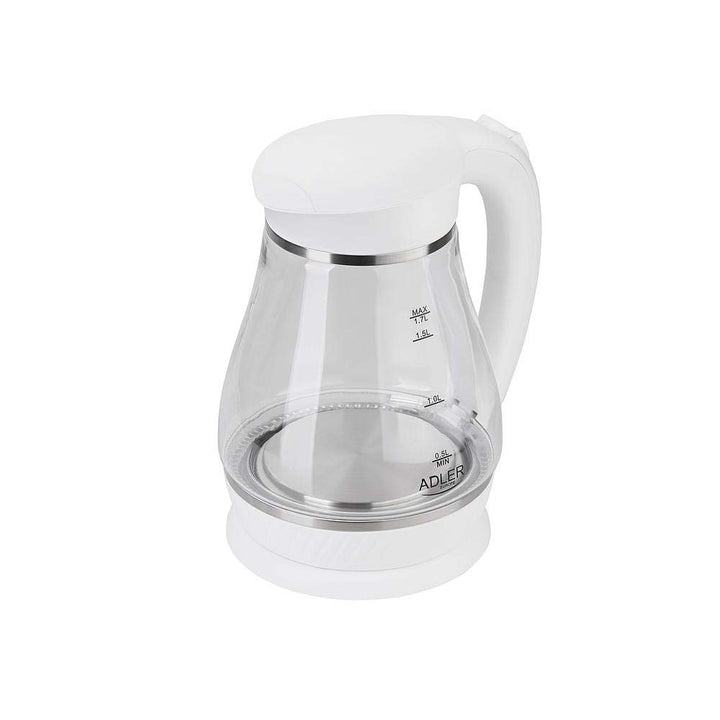 ADLER-Glas-Wasserkocher 1,7 l, kabellose Basis, 2200 W Leistung, weisser Single, Single