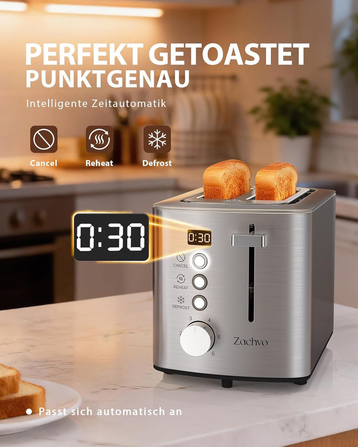 2-Scheiben Edelstahl Toaster mit 3,5 cm Breitschlitzen, LED-Countdown, 6 Bräunungsstufen, 850 W, Brö