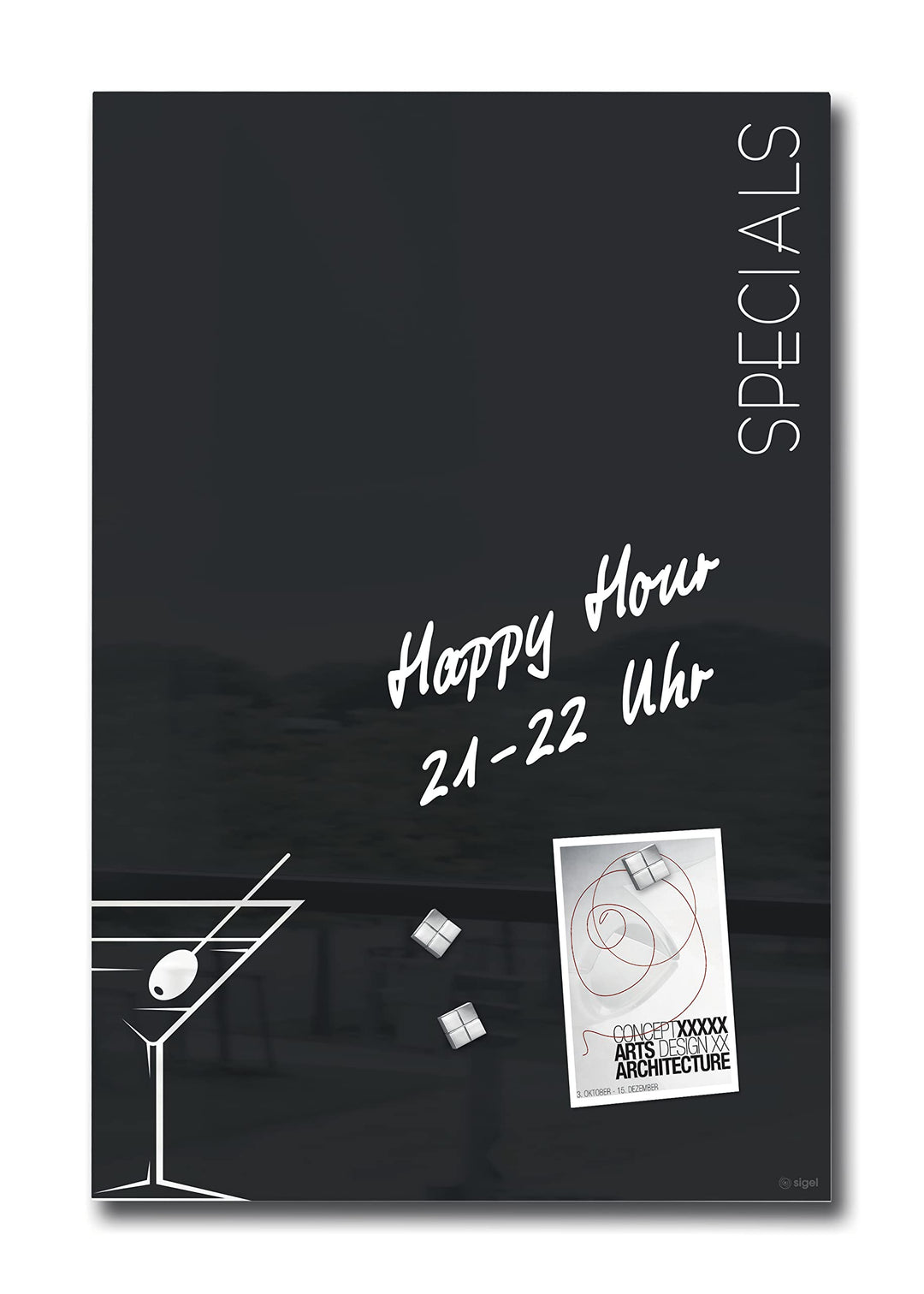 SIGEL GL296 Premium Glas-Magnettafel 60x40 cm, Design Cocktail hochglänzend, TÜV geprüft, einfache M