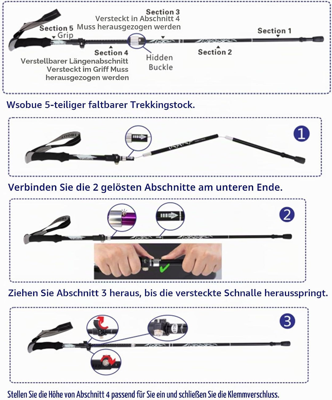 Wanderstöcke, Faltbare Trekkingstöck, Verstellbar Nordic Walking Stock, Teleskopstöcke für Männer un