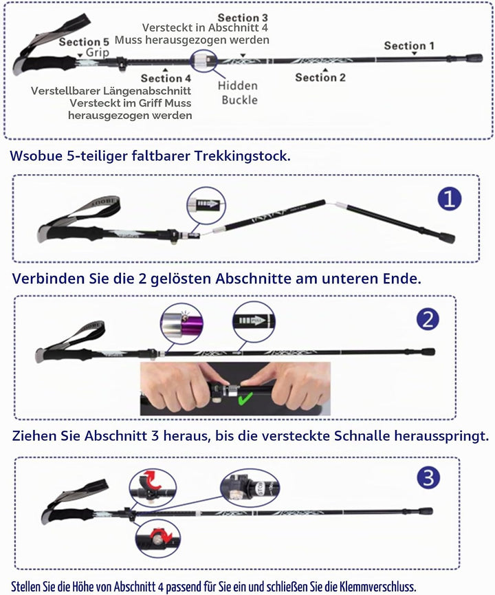 Wanderstöcke, Faltbare Trekkingstöck, Verstellbar Nordic Walking Stock, Teleskopstöcke für Männer un