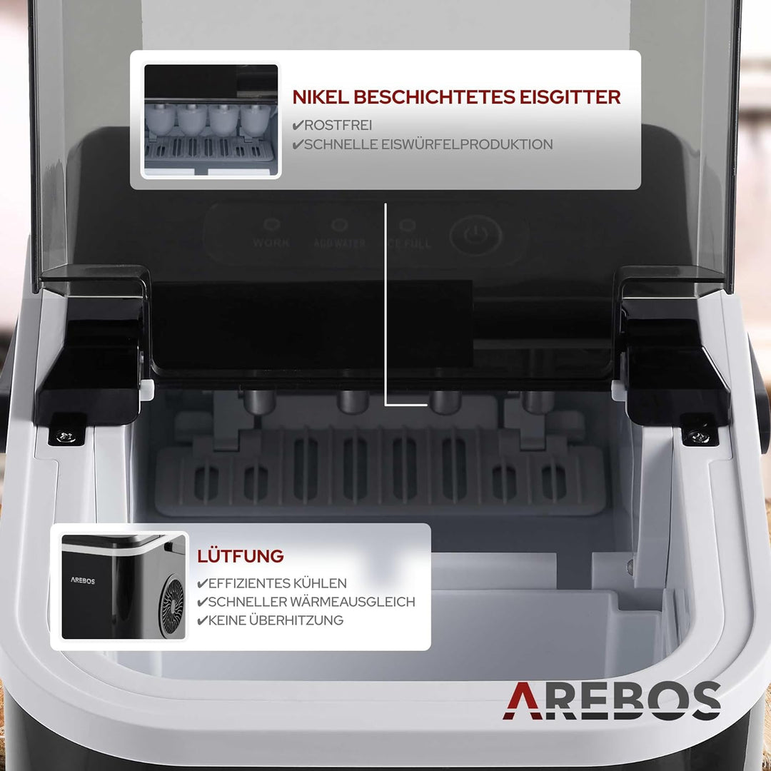 Arebos Eiswürfelmaschine | Ice Cube Maker | 12 kg / 24 h | 10-15 Minuten Produktionszeit | 1,1 Liter