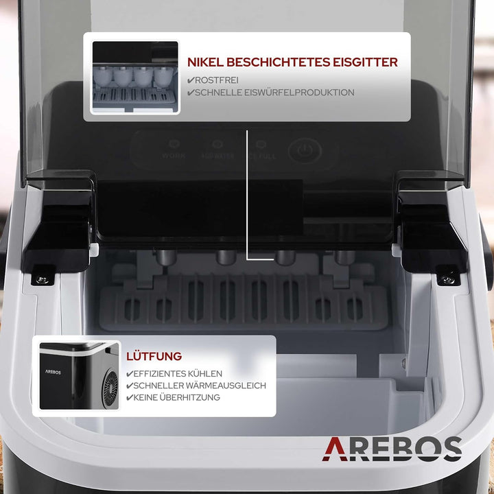 Arebos Eiswürfelmaschine | Ice Cube Maker | 12 kg / 24 h | 10-15 Minuten Produktionszeit | 1,1 Liter