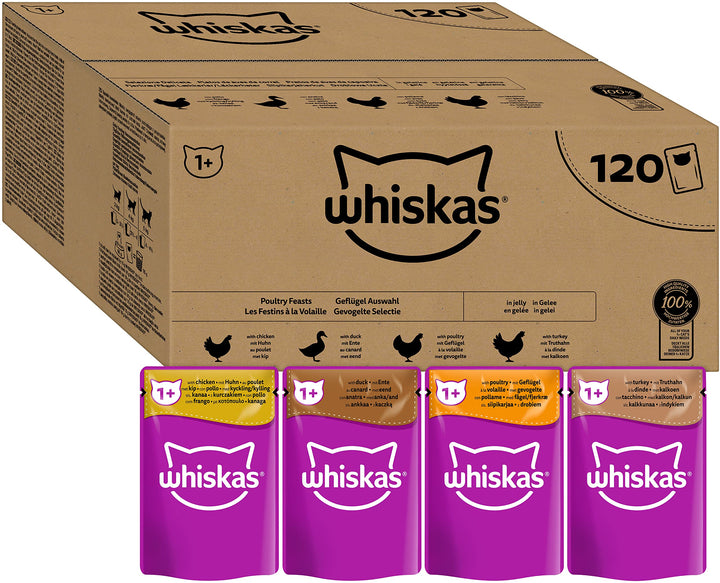 Whiskas Adult 1+ Katzennassfutter Geflügel Auswahl in Gelee, 120 Portionsbeutel, 120x85g (1 Grosspac