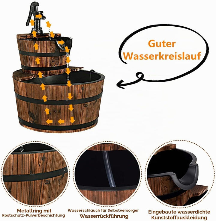 RELAX4LIFE Gartenbrunnen aus Tannenholz, Ø 44,5 cm Holzbrunnen mit Wasserpumpe, Zweistöckiger Spring