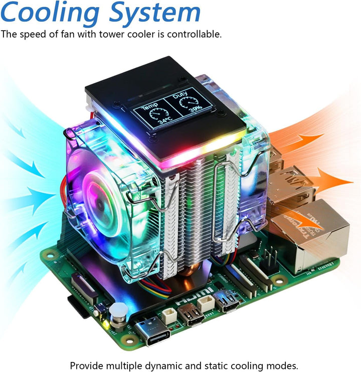 Freenove Active Cooler for Raspberry Pi 5 with 2 Fans and OLED Screen, Aluminum Heatsink with Heat P