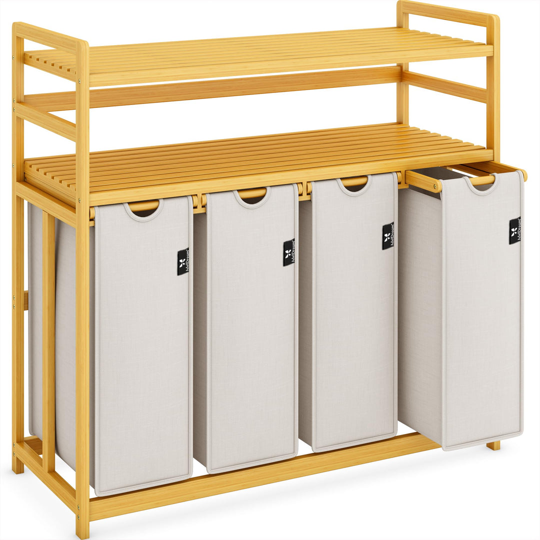 AdelDream Wäschekorb 200L,4 Fächer Wäschesammler,2 Ablagen,Bambus | Wäschesortierer 4 x 50L,ausziehb