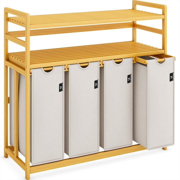 AdelDream Wäschekorb 200L,4 Fächer Wäschesammler,2 Ablagen,Bambus | Wäschesortierer 4 x 50L,ausziehb