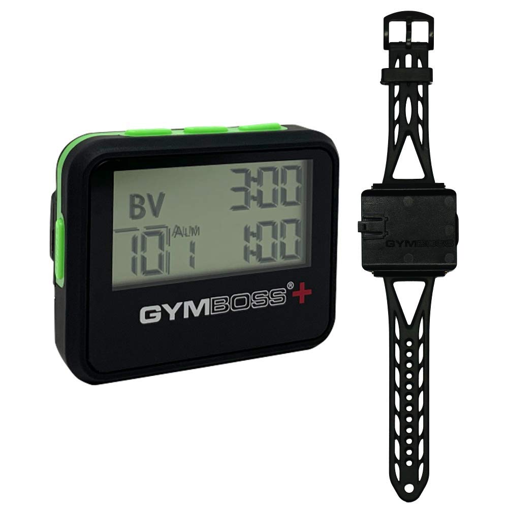 Gymboss Plus Intervall Timer und Stoppuhr Uhrenarmband - Bundle (SCHWARZ/GRÜN SOFTBESCHICHTUNG) Schw
