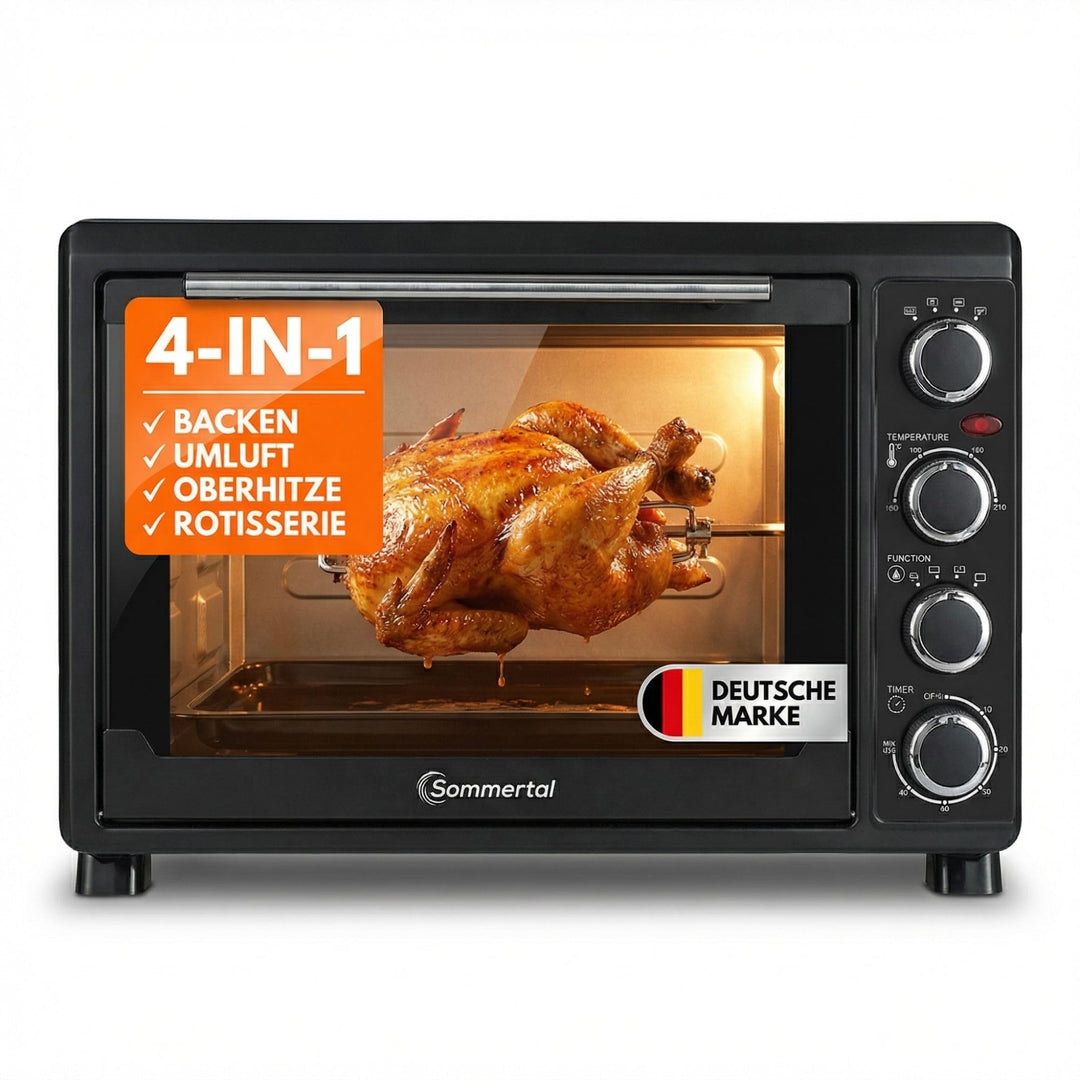Minibackofen 30 Liter mit Drehspiess & Umluft, 1500W, 100–230°C, 60 Min. Timer, Hähnchengrill Mini B