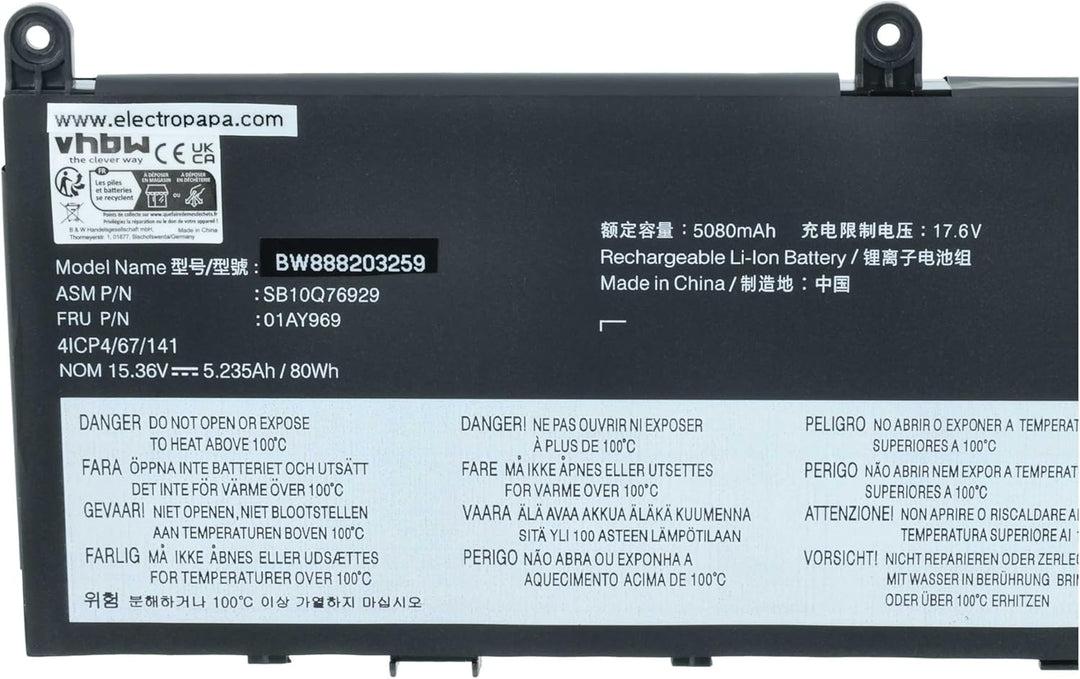 vhbw Akku Ersatz für Lenovo 01AY968, 01AY969, 4ICP4/67/141, 5B10W13898 für Notebook (5150mAh, 13.56V