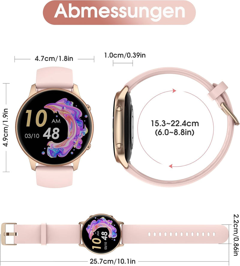 TUYOMA Smartwatch für Damen, IP68, wasserdicht, 3,3 cm (1,3 Zoll), Touchscreen, Sportuhr mit Oxymete