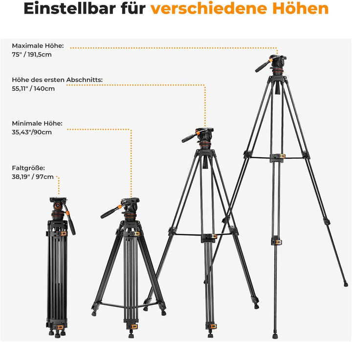 Video stativ, K&F Concept VA3+BV20 Kamera Stativ,Videostativ mit 360°Fluidkopf,191cm Video Tripod, K